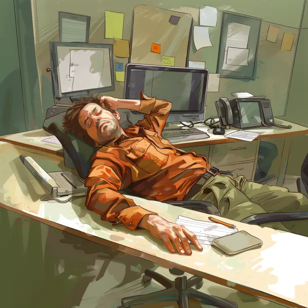 An illustration of a man falling asleep on the job.