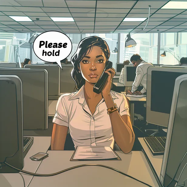 An illustration of a woman in a busy office telling someone on the phone to "Please hold."